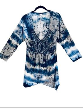 VENUS  Y2K Navy, White and Gray Beaded V-Neck Tunic Fairy Hem Top Size L